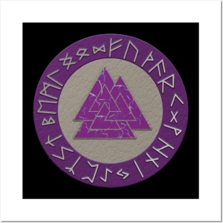Vikings Distressed Valknut and Runes Purple and Silver Posters and Art